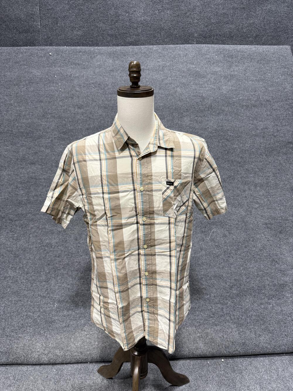 RVCA Shirt Mens Large Beige Plaid Short Sleeve Button-Up Lightweight Casual
